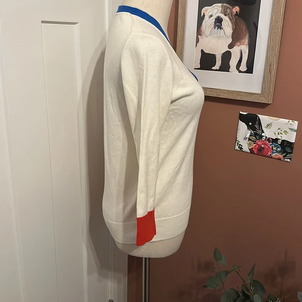 Boden winter white red blue 3/4 sleeves cotton wool fitted deep vneck 2 sweater - Picture 7 of 15